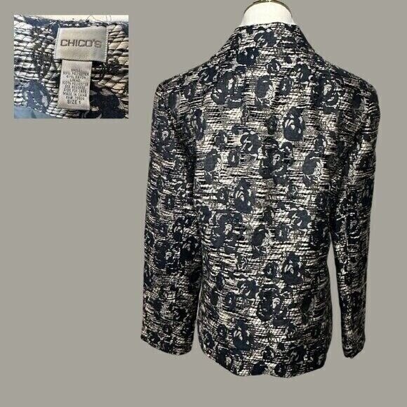 CHICO'S Gray Black Floral Embroidered‎ Single Breasted Blazer - Womens Size 1 - Picture 3 of 6